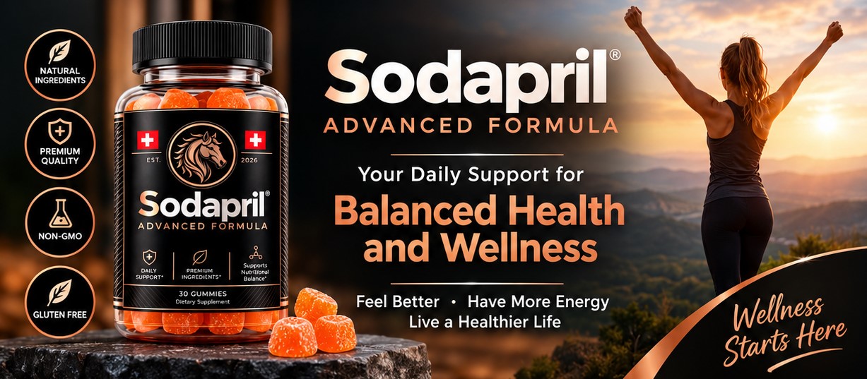 Sodapril Gummies bottle with orange gummies in a mountain landscape